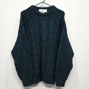 Vintage 90s Aran Crafts Wool Cable Knit Sweater XL Forest Green Irish Fisherman